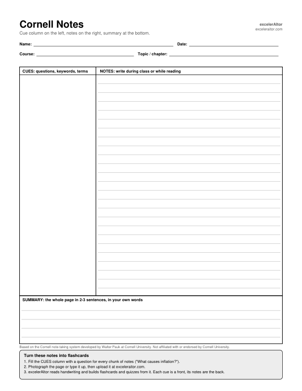Preview of the Cornell notes template: a narrow cue column, a wide ruled notes area, and a summary box at the bottom.