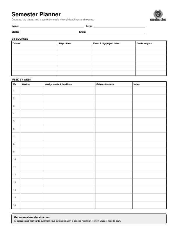 Preview of the semester planner: a courses table at the top and a 16-week grid with columns for assignments, quizzes and exams, and notes.
