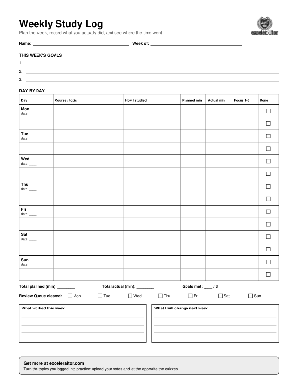 Preview of the weekly study log: three goal lines, a Monday to Sunday table of topics, minutes and focus, a Review Queue checklist, and two reflection boxes.